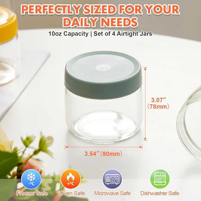 4 Pack 10oz Borosilicate Glass Jars with Lids – Fits 1 Cup Recipes and Toppings – Freezer to Oven Safe (-4°F to 446°F) Meal Prep Containers for Chia Pudding, Overnight Oats, Yogurt