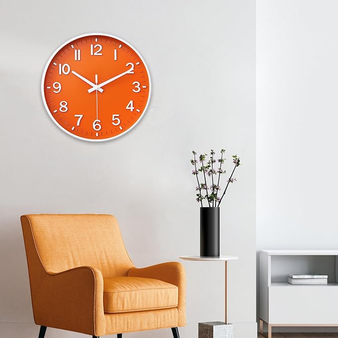 HZDHCLH Wall Clocks Battery Operated,Wall Clock Orange,10 inch Wall Clock Silent Non Ticking Modern 3D Numbers for Kitchen Bedroom Living Room Office Classroom Decor