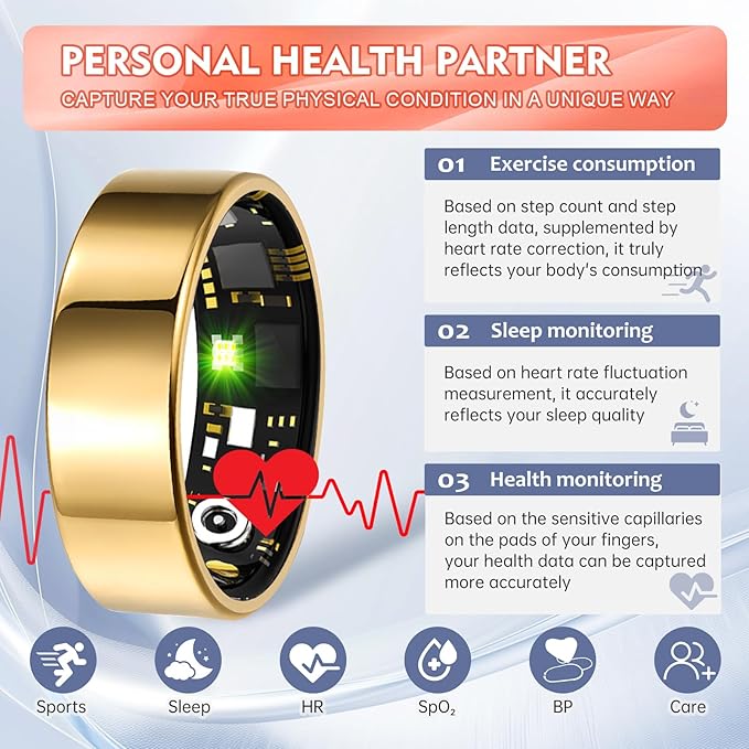Smart Ring Health Tracker for Women Men, Sleep Tracker with Heart Rate,SpO₂,Blood Pressure, Fitness Ring for Activity Monitoring, No Subscription, Step Tracker Ring for ios&Android (Gold, #11)