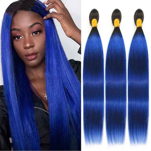 Habiliana Bundles Human Hair 24 26 28 Inch Straight T1B Blue Human Hair Bundles 11A Unprocessed Brazilian Virgin Quick Weave Hair Extensions for Black Women