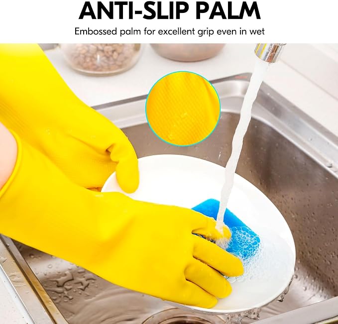 Vgo... 1-Pair Reusable Household Gloves, Rubber Dishwashing gloves, Extra Thickness, Long Sleeves, Kitchen Cleaning, Working, Painting, Gardening, Pet Care (Size S, Yellow, HH4601)