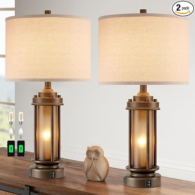 AIEAMPDO Set of 2 Farmhouse Table Lamps for Living Room, Rustic Vintage Bedside Lamps with 2 USB Ports, Bedroom Nightstand Lamp with Amber Glass Nightlight for End Table Entryway, 4 Bulbs Includes