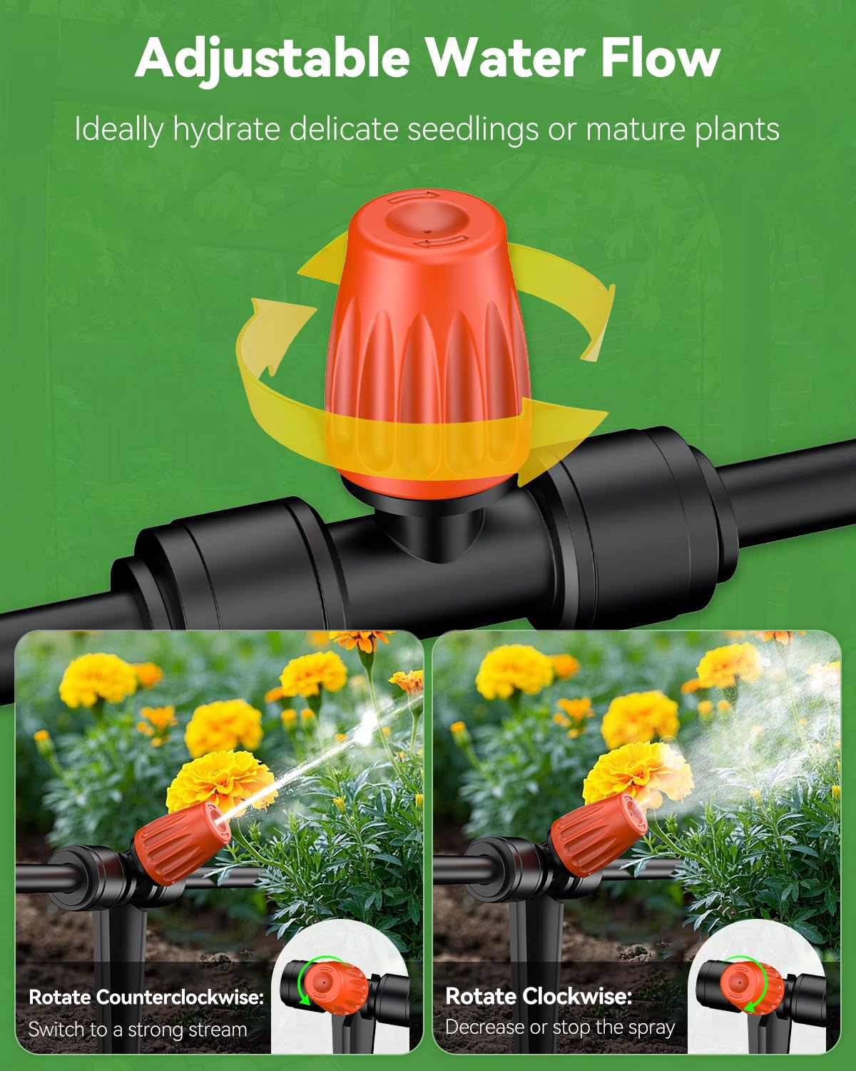 Pawfly 30 Pcs Push-to-Fit Drip Irrigation Spray Emitters for 1/4 Inch Tubing, Tee Misting Atomizing Nozzles Micro Sprayers with Adjustable 360 Degree Water Flow, Irrigation Drippers with End Plugs