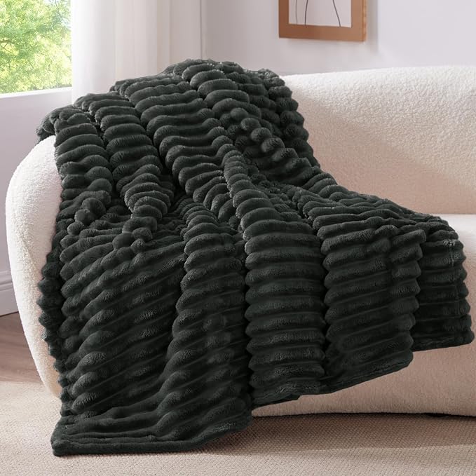 BEDELITE Twin Blanket for Couch & Bed, 300GSM Soft & Warm Fleece Blanket, Decorative and Giftable Striped Charcoal Grey Blankets for Women, Men, 60"x80"