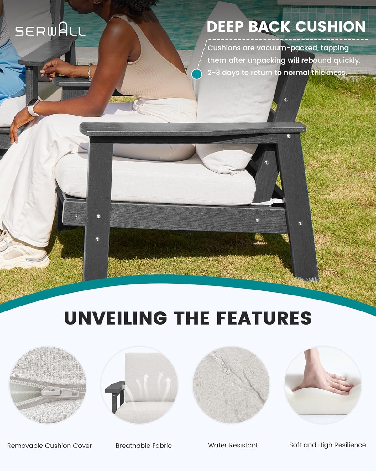 SERWALL HDPE Outdoor Furniture Set 4, All Weather Wood-Like Outdoor Sofa Sectional Couch, Grey Patio Furniture Set with Khaki Cushions