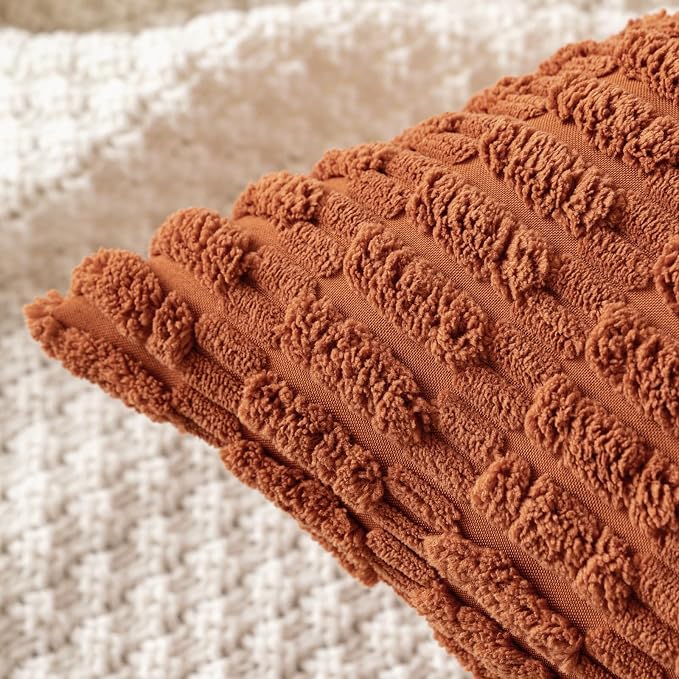 MIULEE Pack of 2 Dark Rust Corduroy Decorative Pillow Covers 12x12 Inch Soft Boho Striped Throw Pillow Covers Modern Farmhouse Home Decor for Summer Sofa Living Room Couch Bed