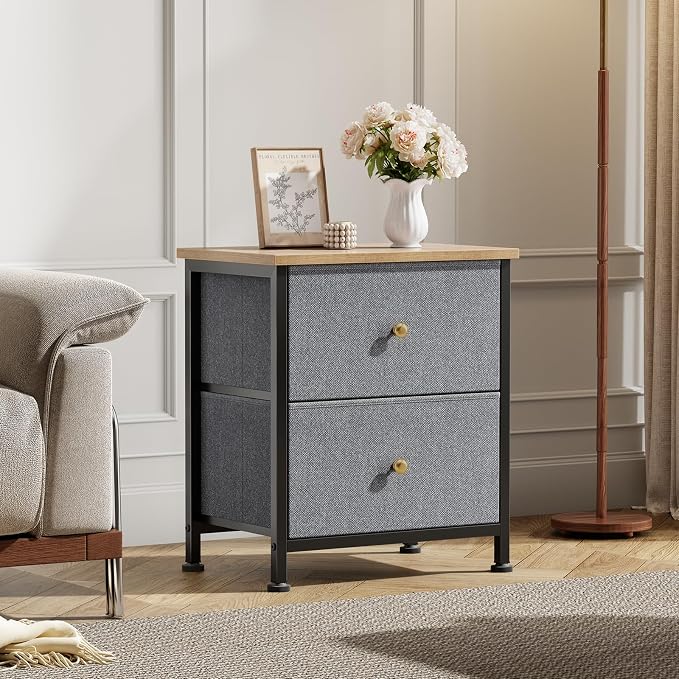 DUMOS Nightstand Small Dresser with 2 Fabric Drawers Side Tables Bedroom End Table Kids Bedside Storage Furniture for 20 inch Tall Night Stand for Closet, Entryway, College Dorm, Blue