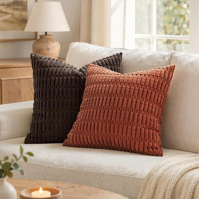 MIULEE Pack of 2 Rust Corduroy Decorative Euro Sham Pillow Covers 22x22 Inch Soft Boho Striped Throw Pillow Covers Modern Farmhouse Home Decor for Summer Sofa Living Room Couch Bed