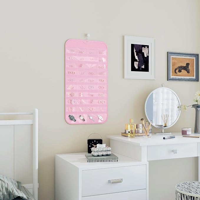 1 Pack Hanging Jewelry Organizer 80-Pocket Dual-sided Jewelry Storage for Earring Necklace Bracelet Ring Travel Holder, Pink
