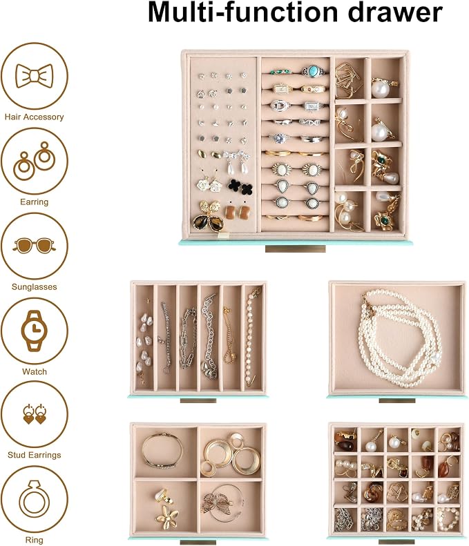 Frebeauty Clear Lid Jewelry Box,5-Layer Jewelry Organizer with Drawer,PU Leather Jewelry Organizers and Storage,Jewelry Boxes for Women,Jewelry Storage for Rings Earring Stud,Gift for Women(Turquoise)