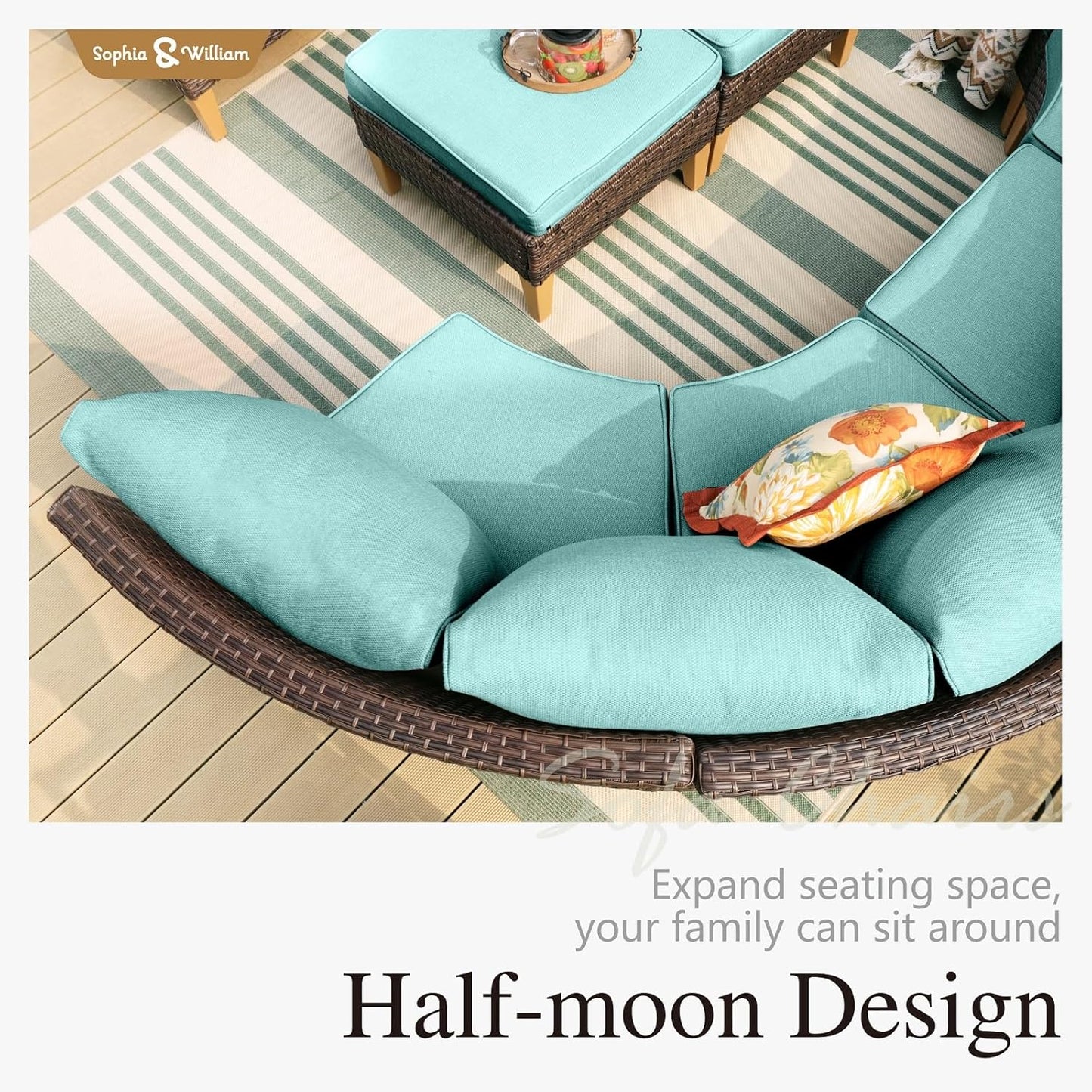 Sophia & William Patio Furniture Set with Fire Pit Table, 8 Piece Half Moon Outdoor Wicker Sectional Sofa Set, Rattan Conversation Set with 56-Inch Fire Pit Table & Ottoman (Aqua Blue)