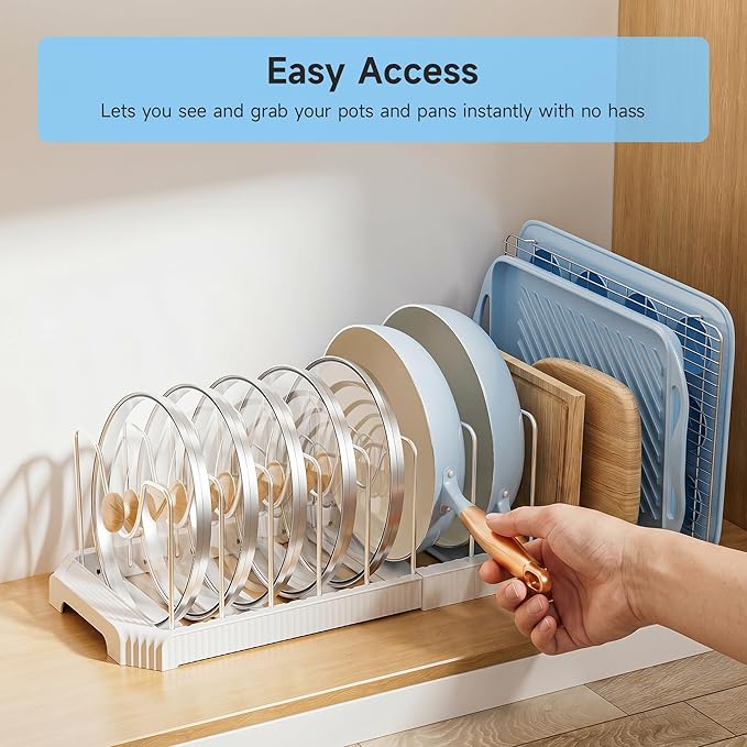 MUDEELA Pots and Pans Organizer under Cabinet, Expandable Rack with Pot Lid Holder and 12 Adjustable Dividers, Pan Organizers inside Cabinet for Kitchen Organization, Cutting Boards, Baking Sheets