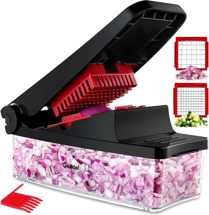 Geedel Vegetable Chopper, Onion Chopper Pro Food Chopper, Kitchen Vegetable Slicer Dicer Cutter, Veggie Chopper with container for Salad Onion Potato Carrot (2 in 1, Red)