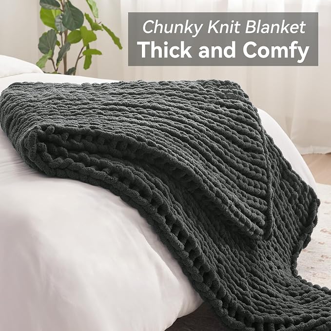 Negwoo Chunky Knit Throw Blanket, 40''*50'' Knitted Throw Chenille Yarn for Bed Couch, Handmade Dark Grey Crochet Big Thick Blanket, Machine Washable Cute Comfy Blanket for Home Decor
