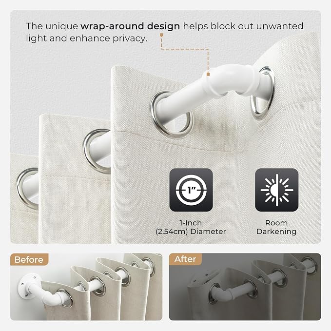 Zeerobee Curtain Rods for Windows 32 to 48, 1 Inch Industrial Wrap Around White Curtain Rod, Indoor/Outdoor Room Divider Adjustable Drapery Pole, 32"-48"