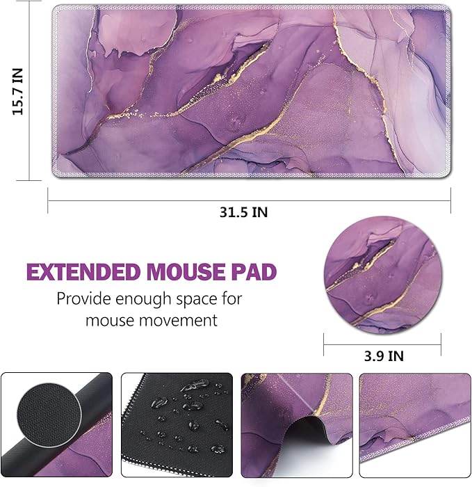 Large Gaming Mouse Pad, AIMSA Extended Mouse Pad with Stitched Edge, XL Keyboard Mouse Mat Non-Slip Rubber Base Desk Pad 31.5x15.7inch for Office Home Game Work -Purple Marble