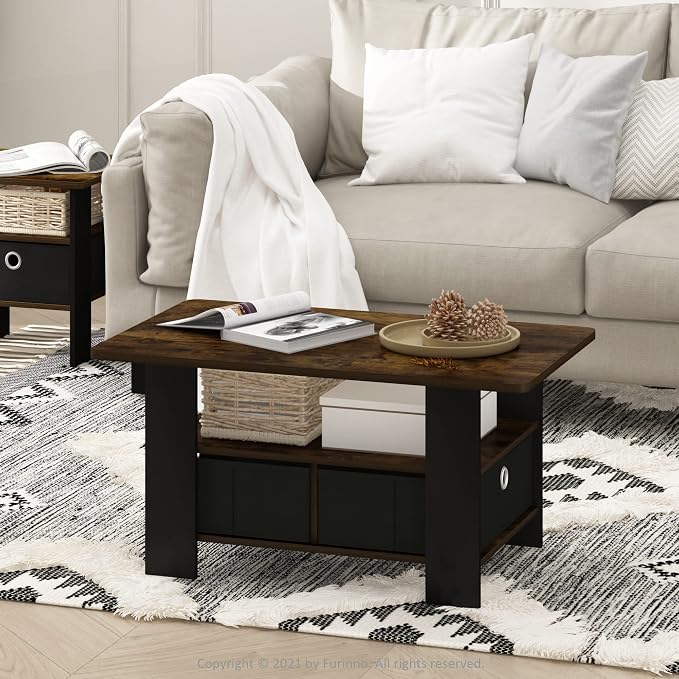 Furinno Andrey Coffee Table with Bin Drawer, Amber Pine/Black Small Non-Lift Top