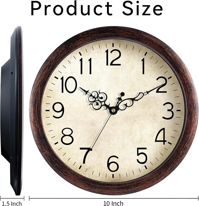 KECYET Wall Clock 10 Inch Vintage Wall Clocks Battery Operated Quartz Silent Non-Ticking Retro Rustic Style Clock Decorative for Kitchen,Bathroom, Living Room, Home Office (Bronze)