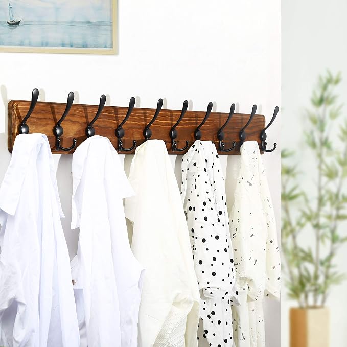 WEBI Coat Rack Wall Mounted,38 9/16" Long,10 Hooks,Wood Coat Hooks Wall Mounted Coat Hanger,Hook Rack Rail,Triple Hooks for Hanging Coats,Clothes,Jacket,Farmhouse,Black/White,2 Packs