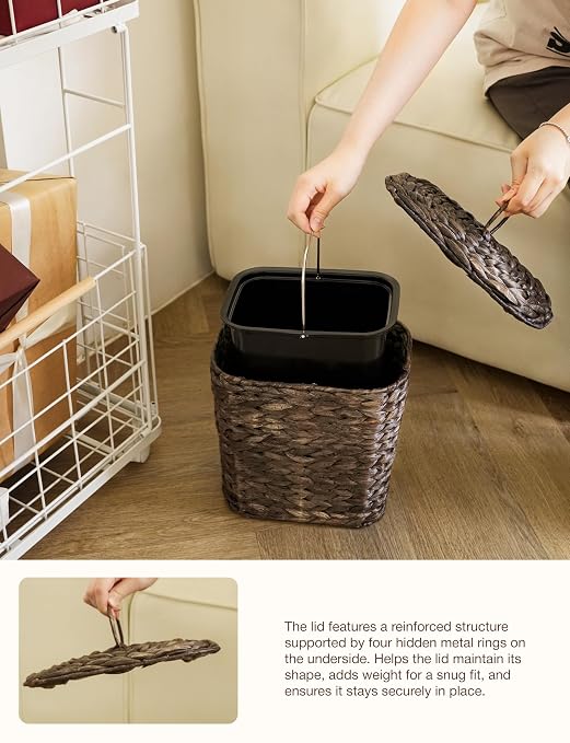 Tidita 1.5 Gallon Wicker Waste Basket with Lid, Removable Liner, Iron Frame | Water Hyacinth Construction, Hand-Woven, Removable Lid, Isolates Odors, Plastic Removable Liner, Iron Frame, Black Color
