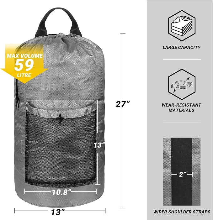 Laundry Bag with Shoulder Straps and Mesh Pocket Laundry Backpack Large Portable Laundry Hamper for College Laundromat Apartment (Gray)