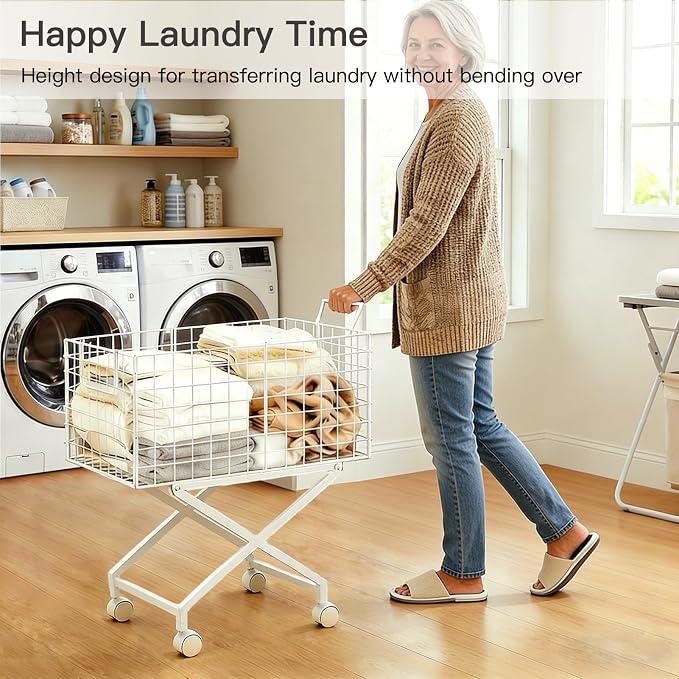 Rolling Laundry Basket with Wheels - 27" Elevated Wire Laundry Hamper, 80L Sturdy Metal Laundry Cart, 10-Min 8-Screw Assembly, Ergonomic No-Bending Mobile Clothes Bin for Laundry Room (White)