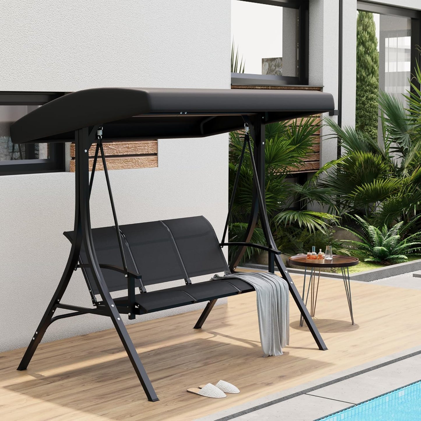 3-Seat Outdoor Patio Swing Chair, Porch Hanging Chairs with Adjustable Canopy, Armrests and Breathable Textilene Fabric, Hanging Swing Bench for Garden, Poolside, Backyard – Black