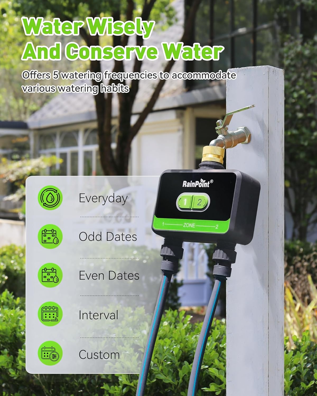 RainPoint WiFi Water Timer for Garden Hose with Brass Inlet, 2-Zone Smart Hose Timer, WiFi Irrigation Controller, Automatic Sprinkler Watering System for Lawns and Yard