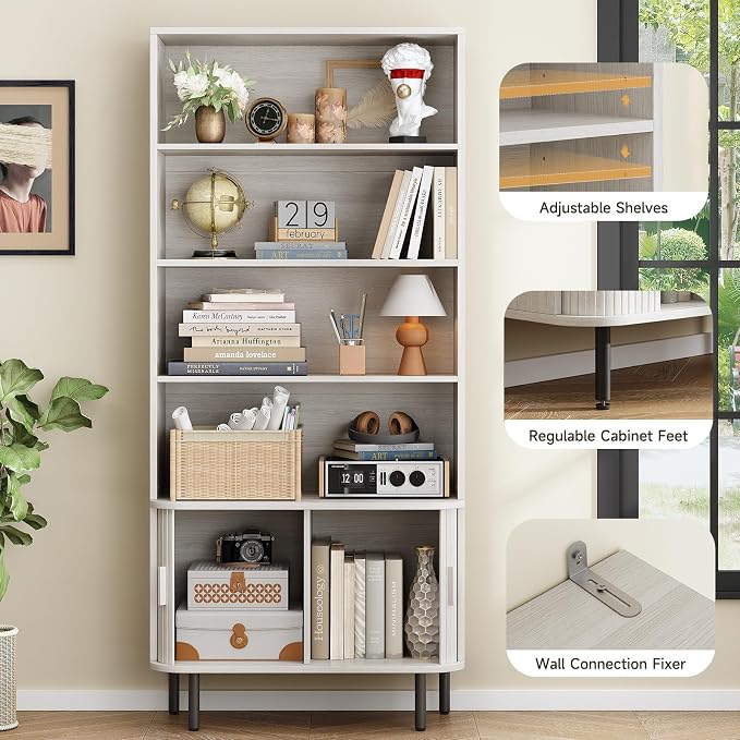 ONBRILL 71" Tall Bookshelf, 4-Tier Bookcase with Storage Cabinet & Adjustable Shelves, Freestanding Wood Bookshelf with Sliding Door and Adjustable Footpad, for Home Office, Living Room, Natural White