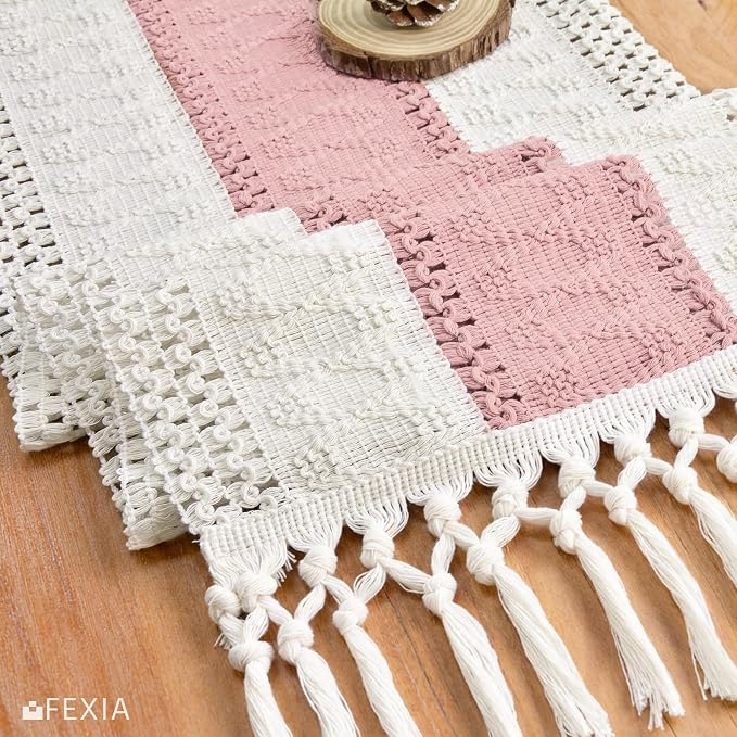 FEXIA Boho Table Runner Summer Home Decor with Tassels 72 Inches Long Pink Farmhouse Rustic Table Runner Burlap Centerpieces for Tables Decoration for Living Room (12x72 Inches)