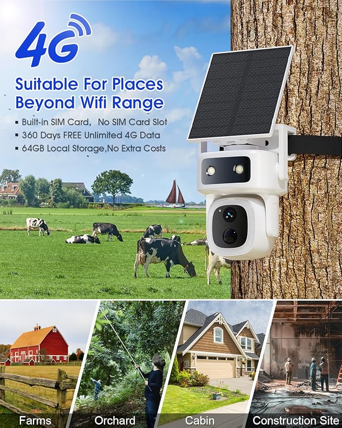 SANSCO 4G LTE Cellular Security Camera Wireless Outdoor, 360 Days Free Unlimited Data, Built-in SIM Card 64GB, 360° PTZ, No WiFi Solar Powered, 2K Color Night Vision, 2 Way Audio, Motion Detection