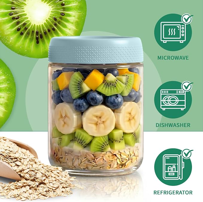 16 oz Mason Jars, 6 Pack Overnight Oats Containers with Lids for Yogurt, Parfait Cup With Lids for Breakfast, Clear Glass Jars Round for Storage, Sugar, Prep Meal, Food, Pudding, Home, Blue