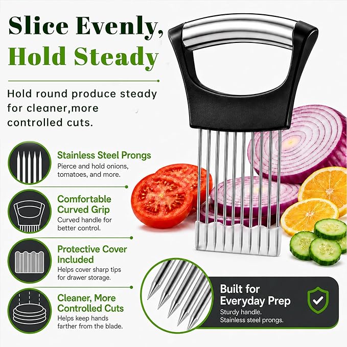 Onion Slicer, Stainless Steel Onion Holder for Slicing with Protective Cover, Onion Cutter Tool, Food Slicing Guide for Kitchen, Tomato, Potato, Lemon, Meat, Avocado, Egg, Fruit