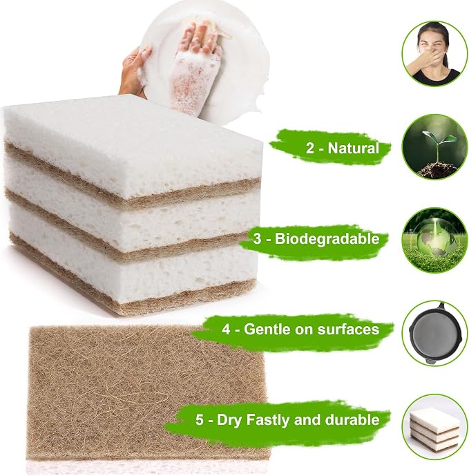 Natural Sponges for Dishes 12 Pack - Keep Soap Biodegradable Kitchen Sponge Compostable Coconut Scrubber - Eco Friendly Cleaning Sponges