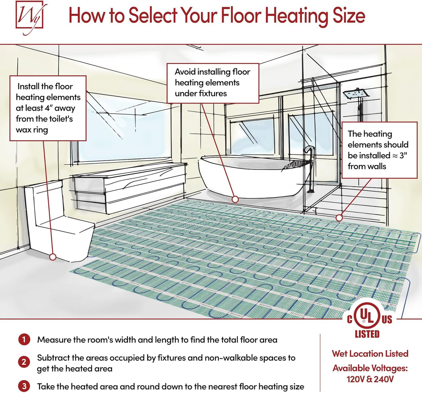 210 Sqft Heated Floor Mat Kit with Radiant Floor Heating System Thermostat UTN5, Two Sensors, Tester, 240V Electric Radiant Floor Heating Mat installs under Bathroom Tile, Vinyl - WarmlyYours TempZone