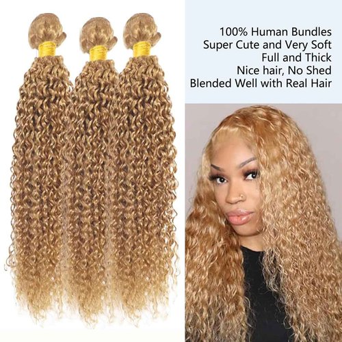 Fabimiya 26 28 30 Inch Human Hair Bundles Honey Blonde 27# Jerry Curly Bundles Human Hair 100% Unprocessed Soft Sewn In Hair with Double Weft for Black Women