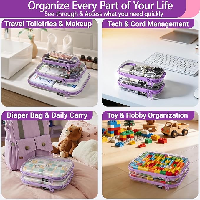 6 Pack Purple Clear Hard Shell Beauty Organizer (2M+4S), 1.2mm Heavy Duty Crush-Proof Cosmetic Case, Reinforced YKK Zippers, Stadium Approved Security Bag for Skincare & Electronics, Multi-Size Set