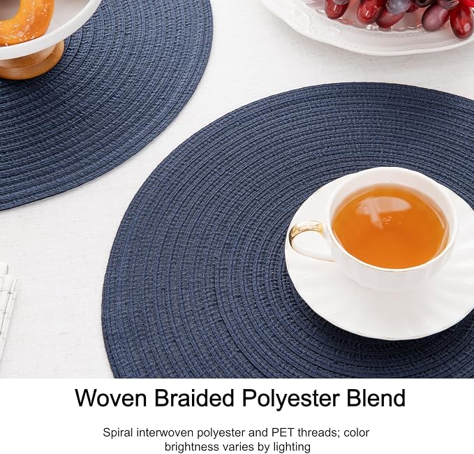 SHACOS Round Placemats Set of 4 Washable 15 inch Round Table Mats Cotton Polyester Woven Braided Place Mats for Dining Table, Navy