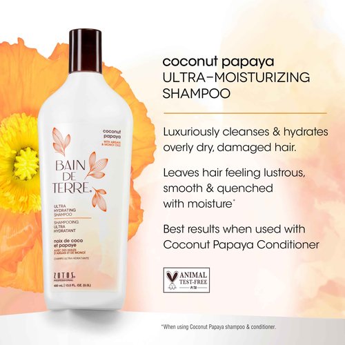 Bain de Terre Ultra Hydrating Shampoo and Conditioner Set & Shine Serum | Coconut Papaya | Hydrates Overly Dry | Damaged Hair | Paraben Free | Color-Safe | 33.8 Fl Oz