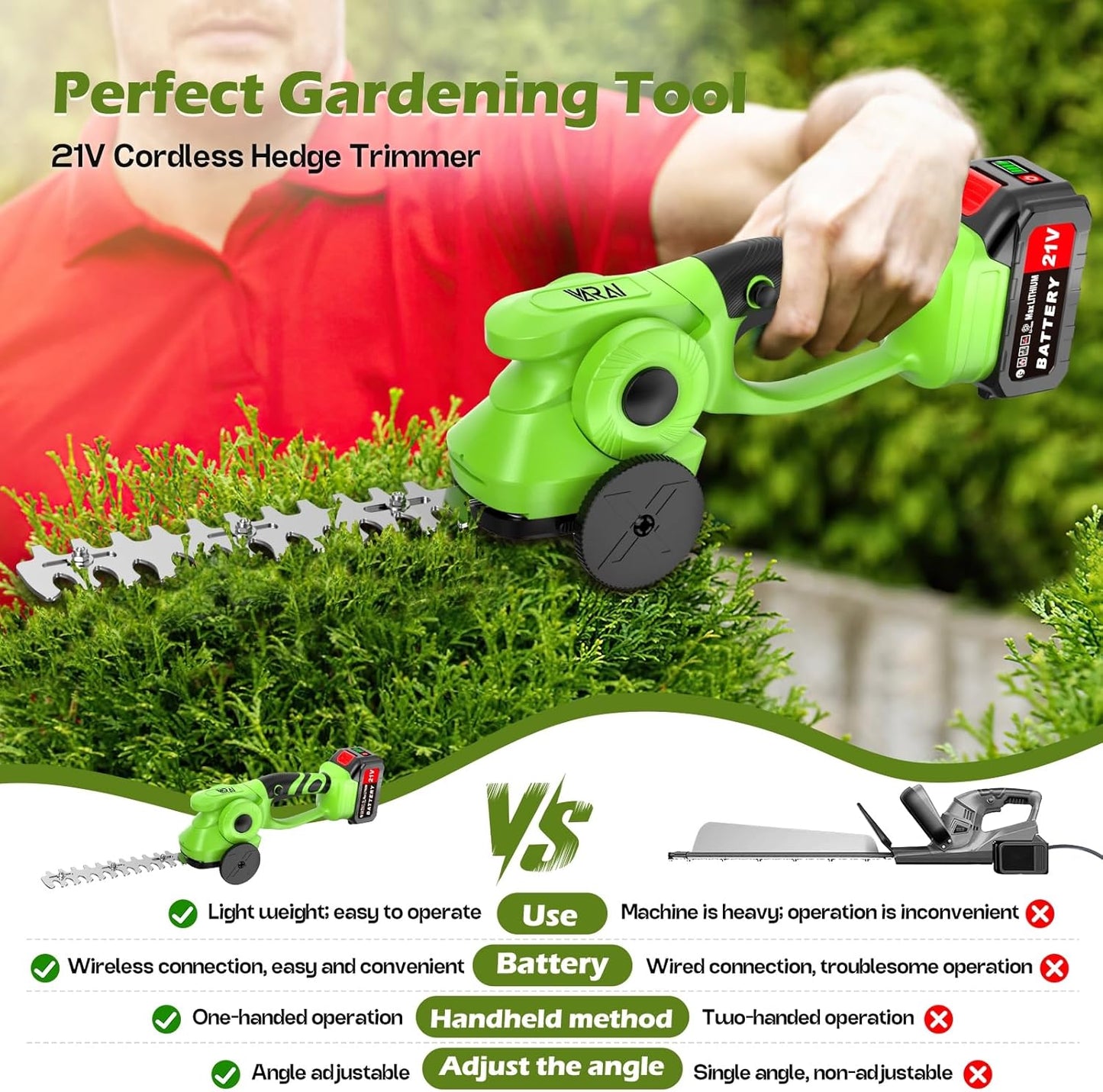 Cordless Hedge Trimmer, 2-in-1 Hedge Trimmer, Ultra Long Battery Life with Battery*2, high-Power and high-Capacity Grass Trimmer for Gardens, Yards and lawns, Including Charger
