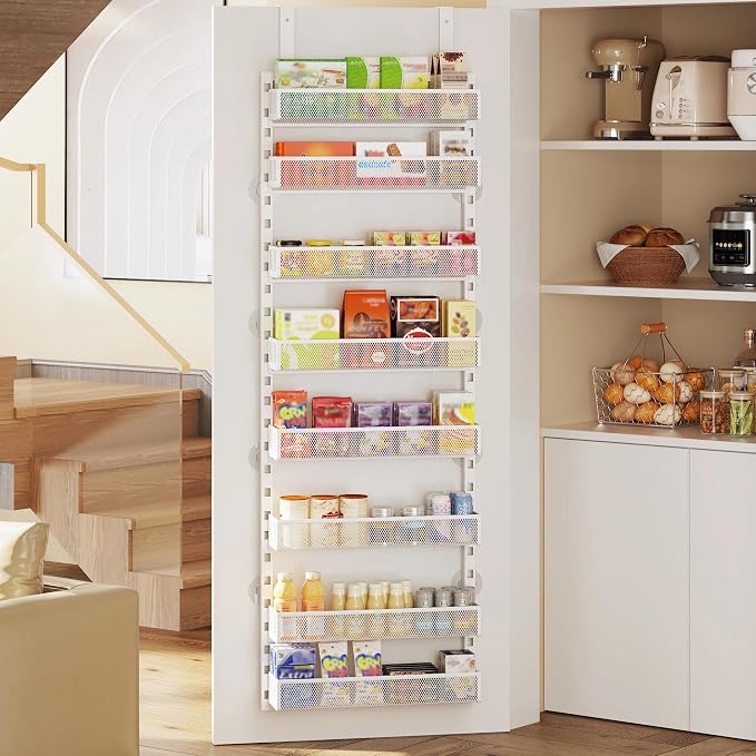 Over the Door Pantry Organizer, 8-Tier Over the Door Spice Rack with Adjustable Baskets, Wall-Mounted or Hanging Shelves for Kitchen, Laundry Room, Bathroom(White, 15.35"W x 5.2"D x 72.6"H)