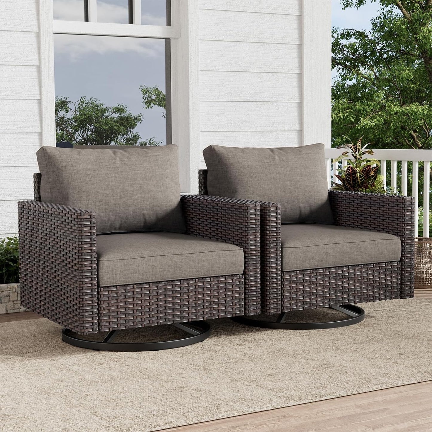 HUMMUH Outdoor Swivel Chairs Set of 2,PE Wicker Patio Furniture Rocker Glider Chairs for Porch Balcony Deck Garden