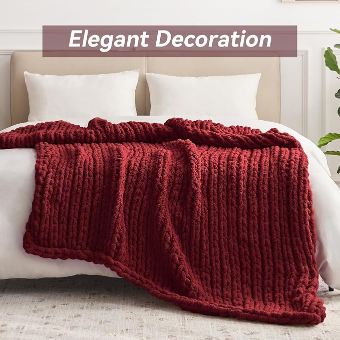 Negwoo Chunky Knit Throw Blanket, 80''*90'' Knitted Throw Chenille Yarn for Bed Couch, Handmade Red Crochet Big Thick Blanket, Machine Washable Cute Comfy Blanket for Home Decor