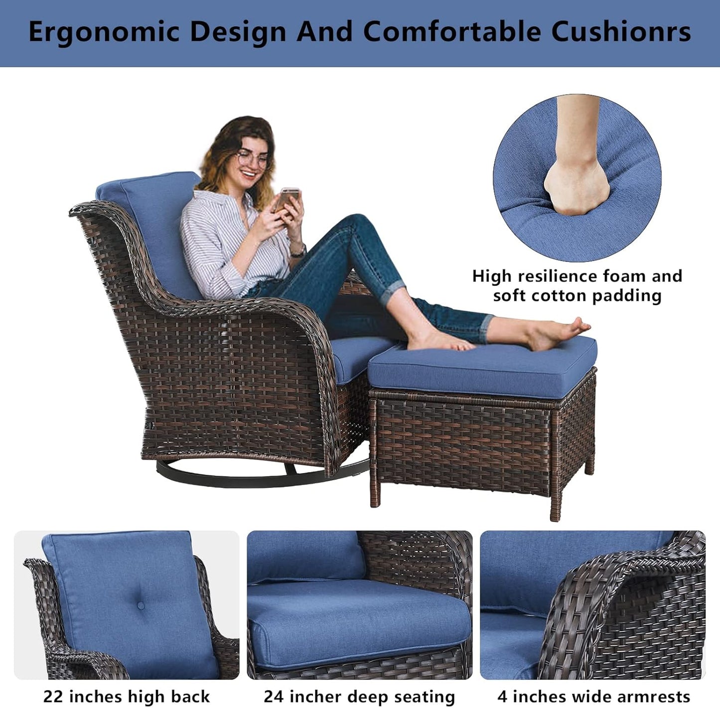 Wicker Outdoor Furniture Patio Furniture Set - 6 Piece Patio Conversation Set with Swivel Rocker Chairs, Loveseat Sofa, Ottomans and Coffee Table, Blue Cushion