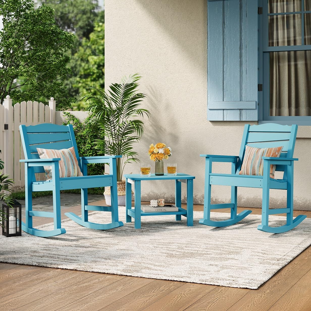 Patio Rocking Chair, Weatherproof HIPS Outdoor Rocking Chair for Adults, 400LBS Support Heavy Duty Porch Rocking Chairs for Garden, Lawn, Backyard, Outdoor and Indoor (Lake Blue)