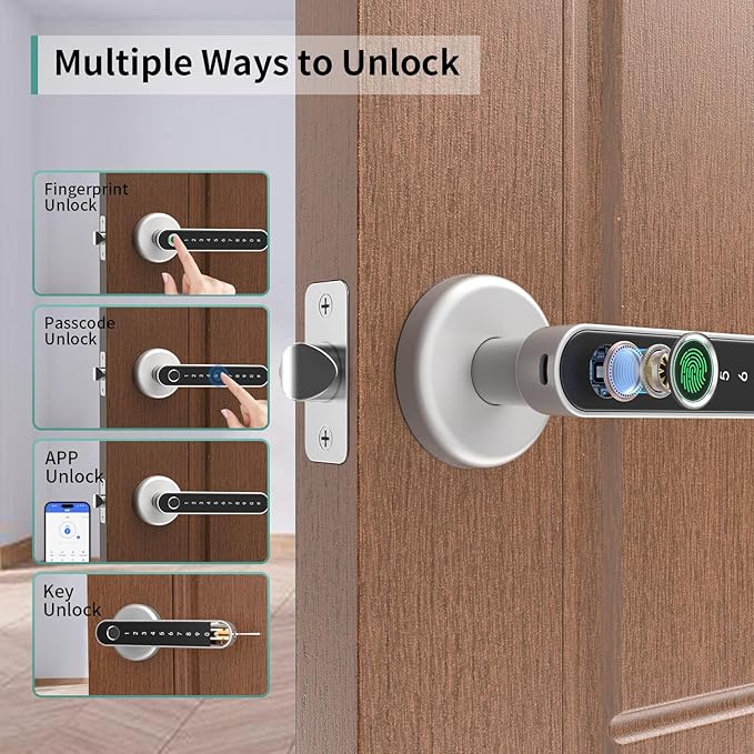 IRONZON Fingerprint Door Handle for Bedrooms - 190Y 4-in-1 Fingerprint Door Lock with Keypad and App Control, Smart Knob for Bedroom with Key, Keyless Entry Door Handle - Silver