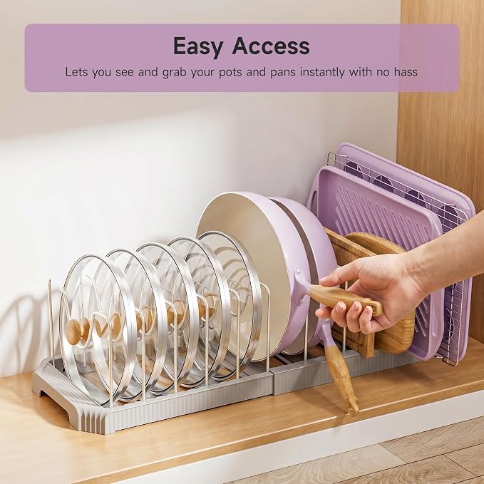 MUDEELA Pots and Pans Organizer under Cabinet, Expandable Rack with Pot Lid Holder and 12 Adjustable Dividers, Pan Organizers inside Cabinet for Kitchen Organization, Cutting Boards, Baking Sheets