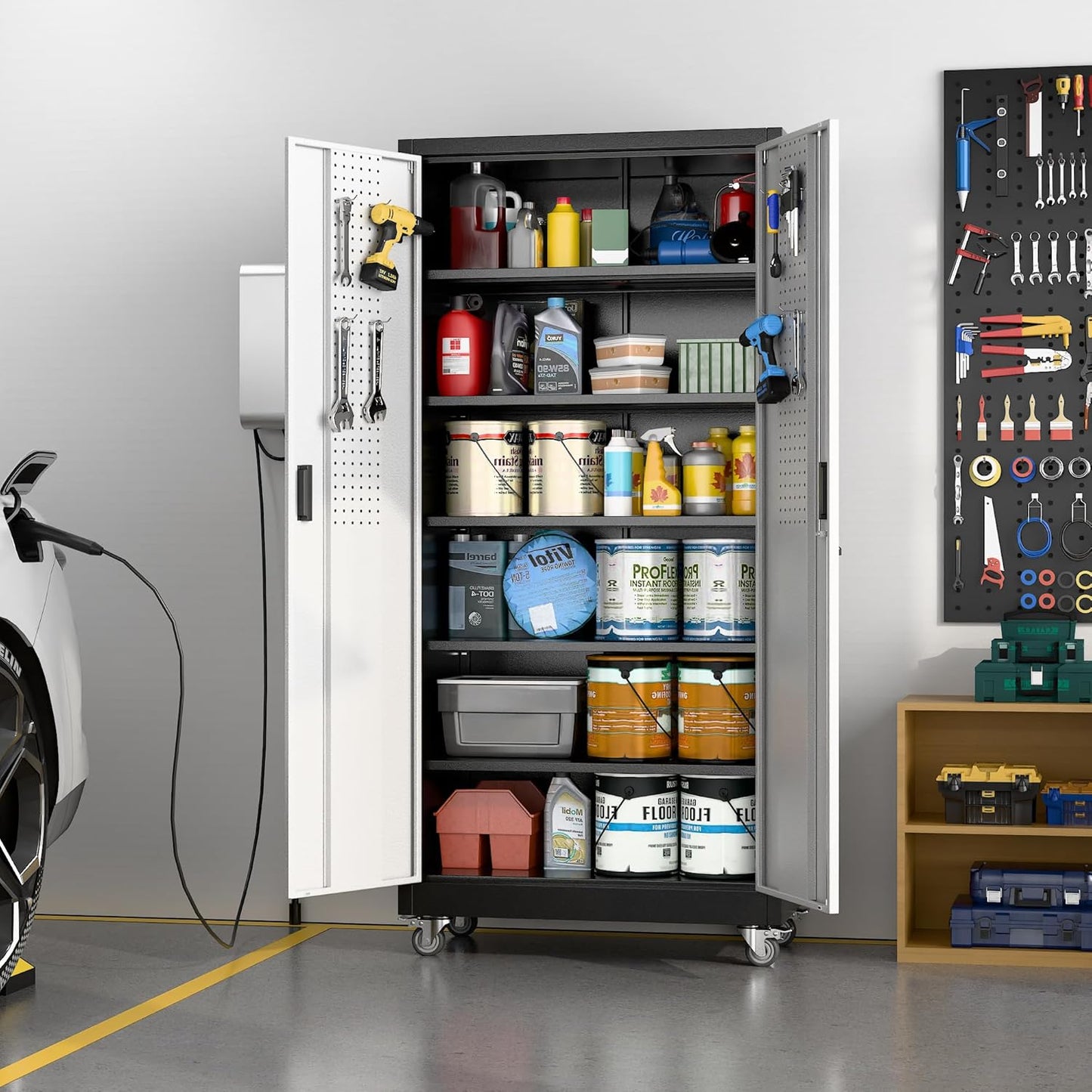Aobabo Garage Metal Storage Cabinet with Wheels, 71" H×34" W×18" D Locking Steel Storage Cabinet with 5 Shelves and 4 Hooks, for Home Office, School, Assembly Required, Black Silver