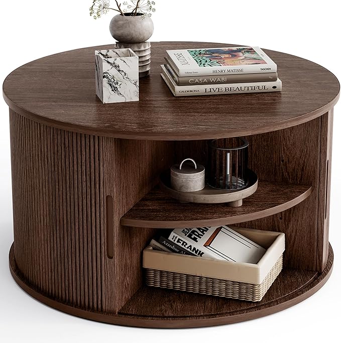 LINSY HOME Round Coffee Table, 31.5" Drum Coffee Table with Sliding Tambour Door, Fluted Accent Center Table with Storage, Mid Century Modern Coffee Table for Living Room, Walnut
