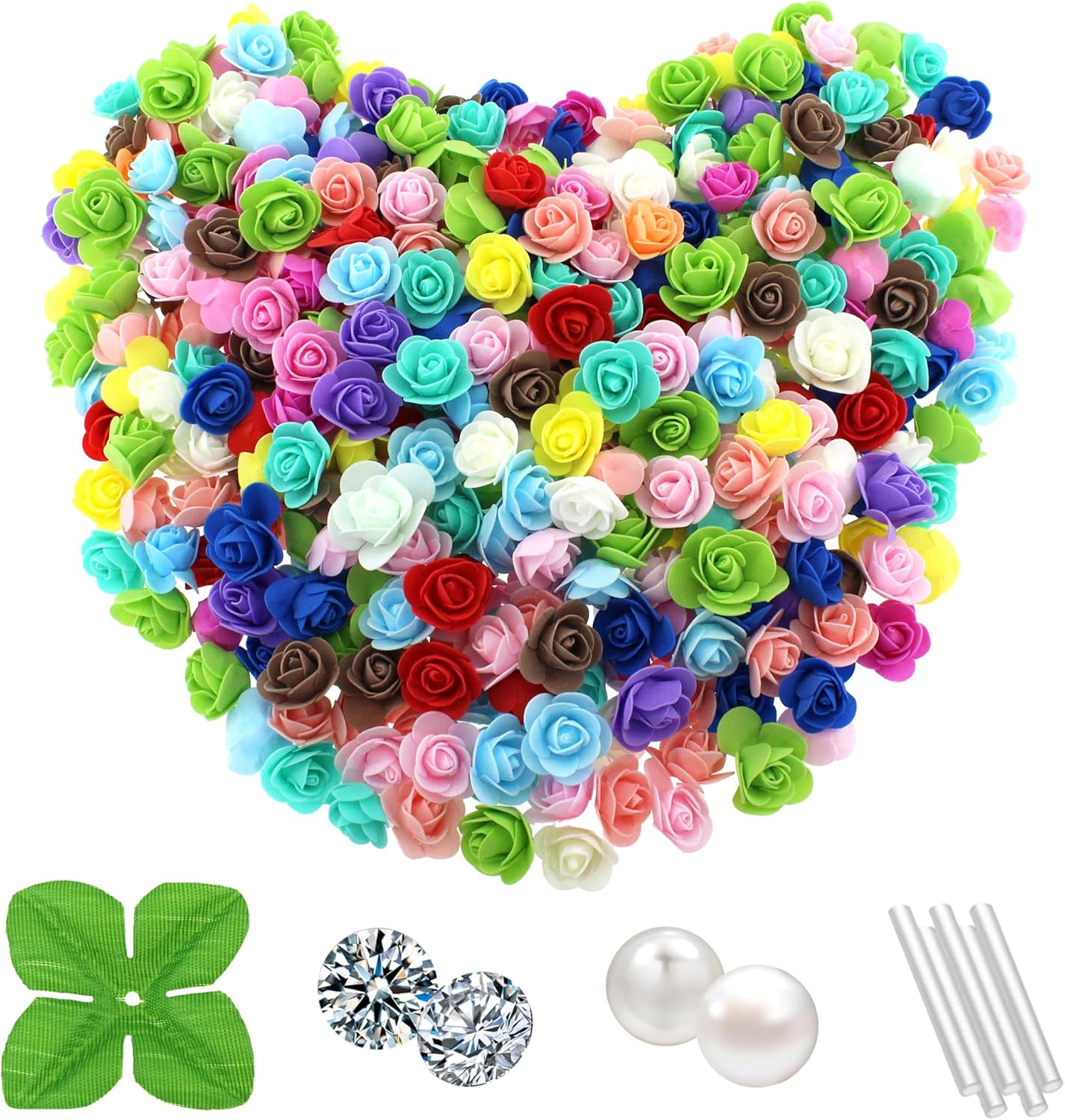 Vignor 500 Pcs 1.4 Inch Mini Artificial Flowers Head Bulk 5 in 1 Set Faux Foam Fake Small Rose Tiny Baby Flores Bouquet Cake Gift Home Decoration DIY Craft (Multiple Mixed Color)